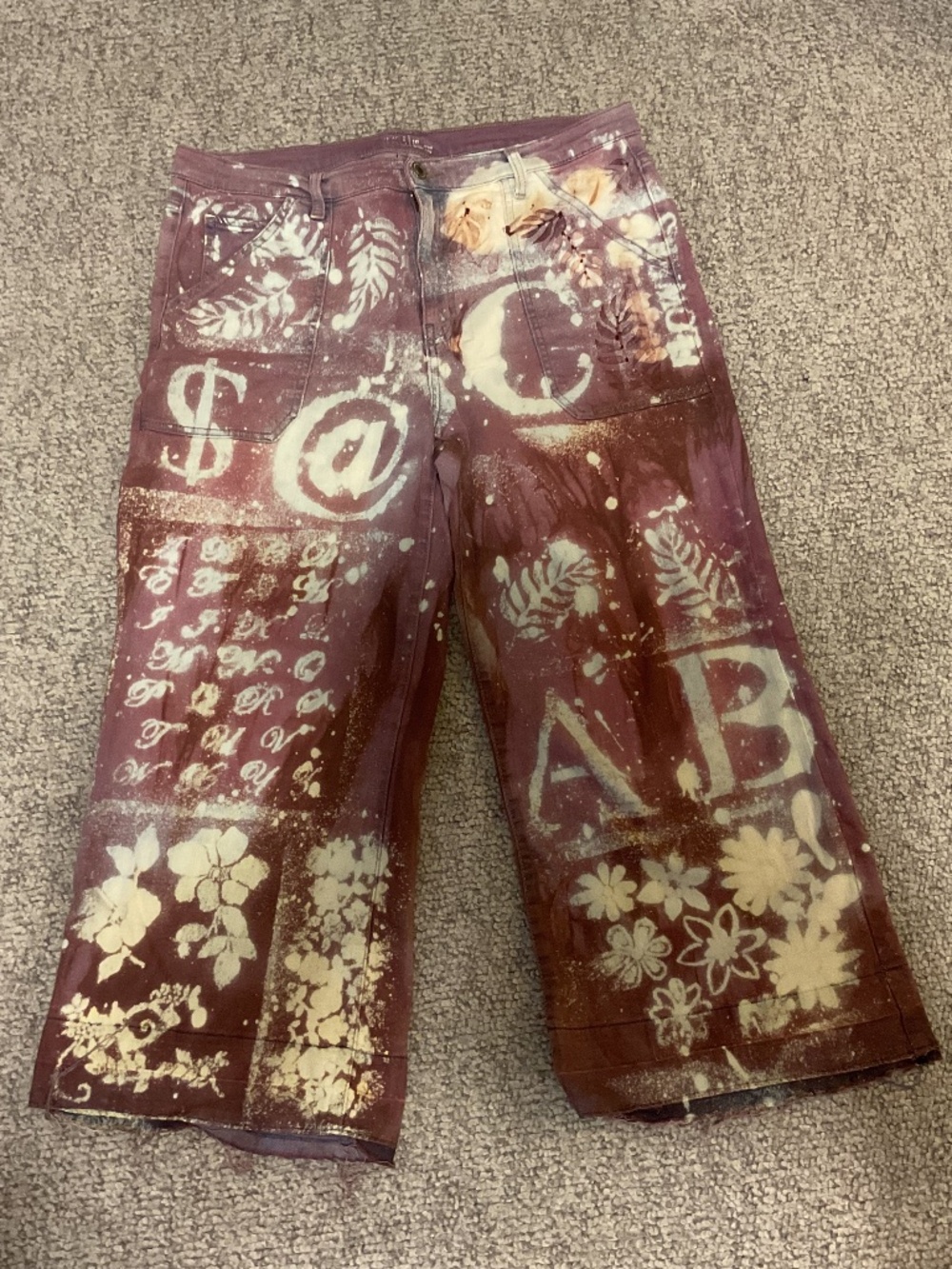 Hand dyed and stenciled denim jeans